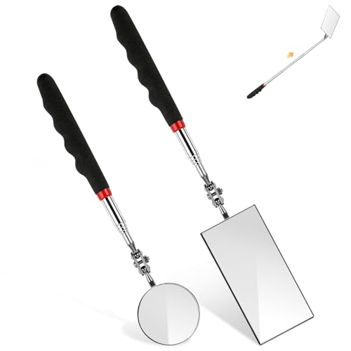 2 Pieces Telescoping Inspection Mirror, 360° Swivel Extendable Mechanic Automotive Mirrors Tools, Rectangular Round Mirror on a Stick for Mechanics, Automotive Repair, Contractors, Home Inspection