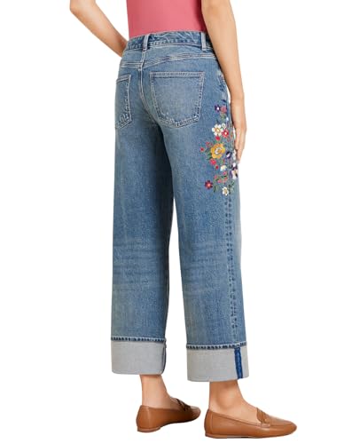 LifeShe Women Embroidered Jeans Mid Waist Stretch Cuffed Straight Leg Denim Pant2