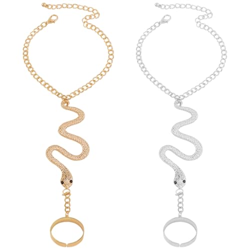 LRXIYODE 2個 ヴィンテージ風スネークリングチェーンブレスレット 点 薄型アジャスタブルシルバーチェーン 指輪一体型 レディースジュエリー