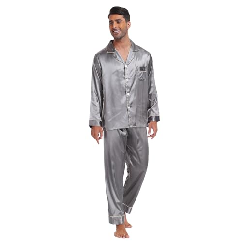 North Bund Pijama para Hombre Manga Larga Ropa De Dormir Cómodo Suave Conjunto Cintura Elástica Transpirable con Botones Seda Camiseta Casa Estar Invierno Primavera otoño Gris Oscuro XXL