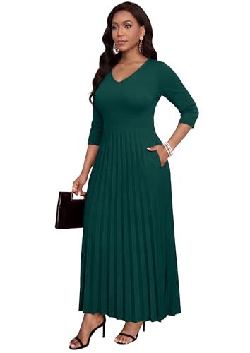 Image of FANDEE Women's V-Neck Pleated Maxi Dress A-Line 3 /4 Sleeve with Pockets