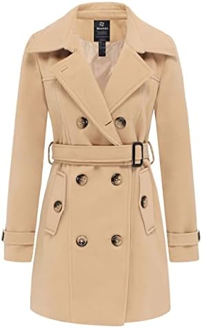 Wantdo Women's Pea Coat Belted Woolen Coat Mid Length Overcoat Khaki XL