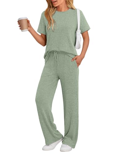 Image of LILLUSORY Womens Lounge Sets 2 Piece Matching Travel Outfits | Lightweight Ribbed 2 Piece Set, Breathable, Stretchy, Wrinkle-Resistant, Travel Ready, Versatile