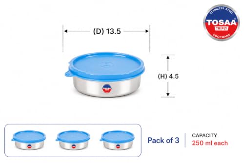 Image of TOSAA Stainless Steel Sigma Container Small - 825 ml (Pack of 3) | Airtight & Leakproof Lid |Compact & Travel-Friendly | Easy to Carry | Perfect for Office, School & Home Use