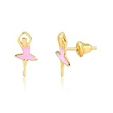 Carol Jewelry 14k Yellow Gold Enamel Ballet Dancer Push Back Stud Earrings
