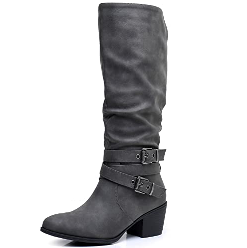 Image of GLOBALWIN Women's Knee High Cowboy Boots - Minimalist Western Round Toe Cowgirl Boots with Comfortable Block Heel, Plain Sleek Design, Tall Dress Boots for Women