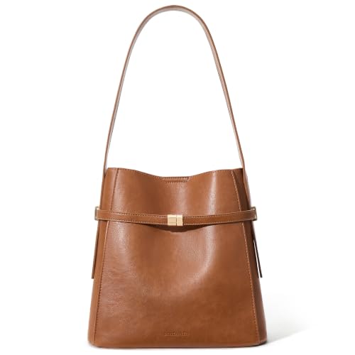 Image of BOSTANTEN Vegan Leather Purses for Women Quiet Luxury Shoulder Bucket Bag | Soft Luxury Tanned Leather, Include Drawstring Pouch, Front Belted Design, Fixed Wide Strap, for Everyday Office Weekend
