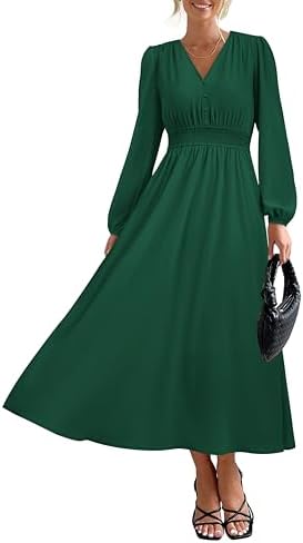 PRETTYGARDEN Womens Long Sleeve Maxi Dress 2025 Fall Trendy Elegant V Neck Flowy Wedding Guest Holiday Formal Long Dresses