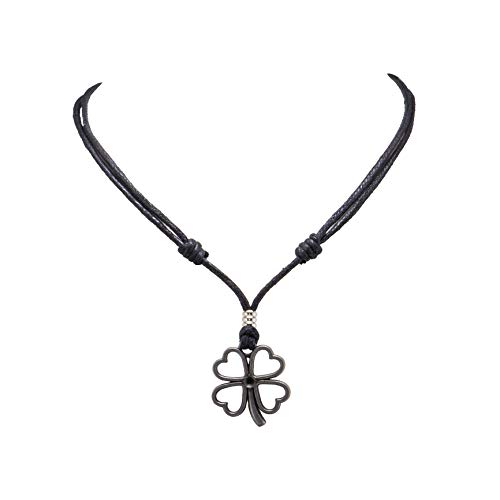 BlueRica Four Leaf Clover on Adjustable Black Cord Necklace (Old Silver Finish)