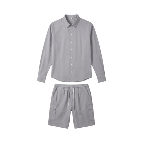 Chemise et short respirant en lin vêtement été homme confortable gris L