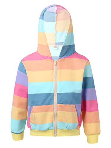 Youth Girls Cotton Jacket Long Sleeve Rainbow Stripe Hooded Zipper Cardigan Coat with Pocket Casual Outwear