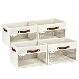 Bidtakay Collapsible Storage Bins with Clear Window 15 x 11 inch Large Linen Closet Organizers for Clothes 4-Pack Foldable Storage Baskets with 3 Handles Fabric Containers and Organizers Ivory