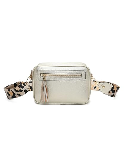 Image of Fontanella Fashion Women's Dual Compartment Wide Strap Tassel Camera Lighweight Shopper Crossbody Shoulder Handbag (Light Gold)