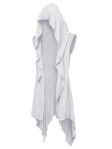Runcati Mens Hooded Cardigan Sleeveless Ruffle Shawl Collar Open Front Knit Drape Robe White