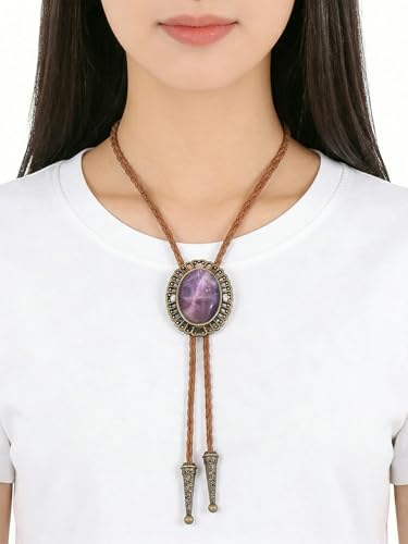 Image of Jeilwiy Bolo Tie for Men Real Stone Westwern Cowboy Ties Silver Bolos Women Leather Necktie Gift for Birthday Christmas