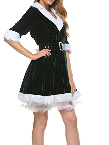 Achlibe Women Mrs Santa Claus Costume Christmas Fancy Dress Plush V-Neck Velvet Cosplay Dress Outfit (A-b-Green, S) - Image 3