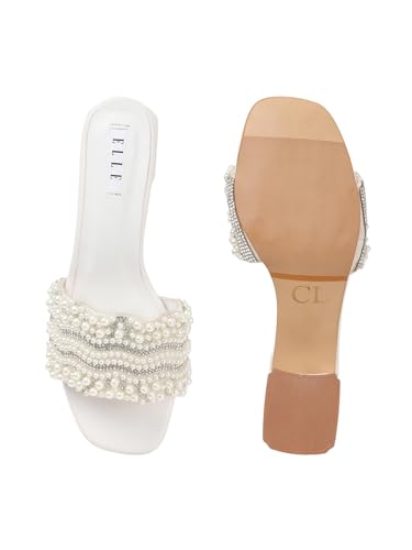 Image of ELLE Women's Elegant Pearl Sandal Beaded Low Heel Sandals for Special Occasions