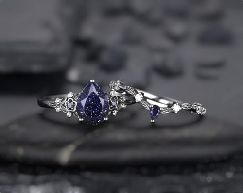 Pear shape blue sandstone womens stacking ring engagement ring set, 925 silver eternity ring for women, anniversary ring set,art deco promise ring3