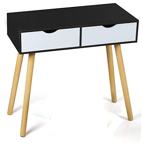 Image of Shoppee Engineered Wood Desk with 2 Drawers for, Computer Desk with Storage Shelves, Makeup Vanity Desk, Modern Writing Study Table Home Office Desks for Bedroom (Black White)