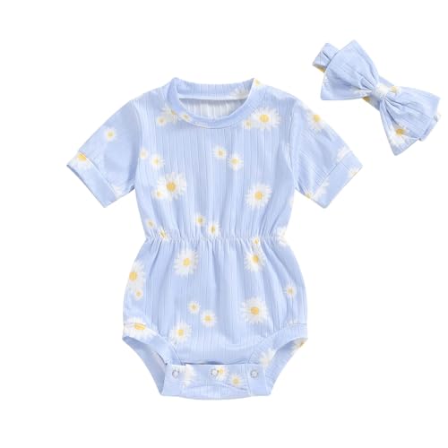 Image of FOCUSNORM Baby Girl Summer Clothes Ribbed Short Sleeve Romper Solid Color Bodysuits Bow Headband Outfit Newborn Girl Jumpsuit
