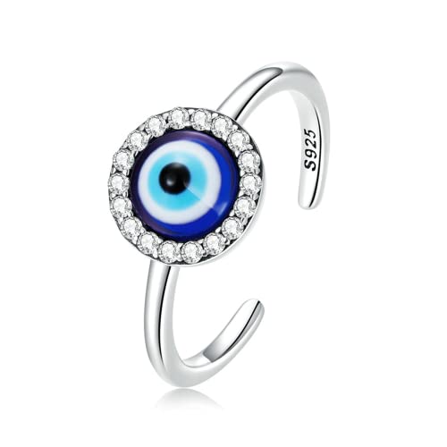 Ategazza Anillo de plata con ojo turco azul, anillos abiertos con circonitas ga19, Resina, Circonita cúbica.