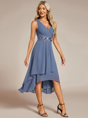 Ever-Pretty Women's Hi-Lo Sleeveless V Neck Appliques Flowy Chiffon Midi Formal Dress for Wedding Guest 419264