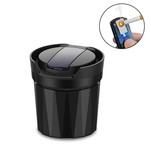 Image of Car Ashtray Detachable Ceramics with Lid Blue Led Light with Removable Lighter USB Charging for Most Car Cup Holder (Black)