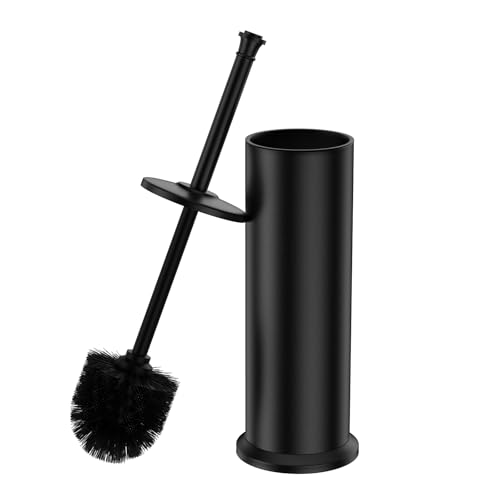 Image of Black Toilet Brush and Holder,Extra Long Handled Toilet Brush for Bathroom,Stainless Steel Heavy Duty Toilet Bowl Brush,Removable Inner Bowl,Deep Cleaning Dense Bristles Cleaner Brush -Space Saving