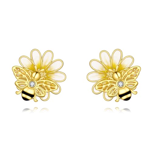 Pendientes de abeja de plata de ley con margaritas de alta joyería