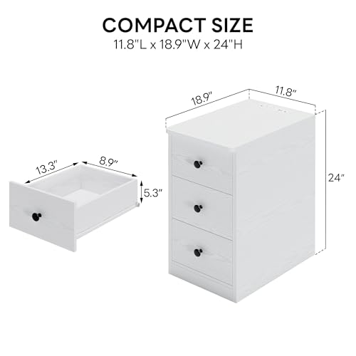 Image of LIKIMIO Nightstand with Charging Station, Narrow Bedside Table with 3 Drawers, End Table with USB Ports and Outlets, Side Table for Living Room /Bedroom Modern