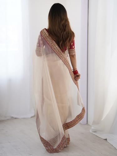 Image of AKHILAM Women's Shimmer Satin Sequence Embroidery Work Border Saree With Unstitched Blouse Piece