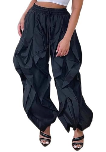 SHINFY Parachute Pants Woman Puffy Ruffle Wide Leg Palazzo Pant Drawstring Flowy Baggy Cargo Pants Trousers