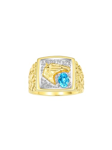 Image of Rylos Men's Yellow Gold-Plated Sterling Silver Lucky Nugget Horse Head Ring with 6X4MM Gemstone and Diamonds - Birthstone Elegance for Men, Sizes 8-13 Available