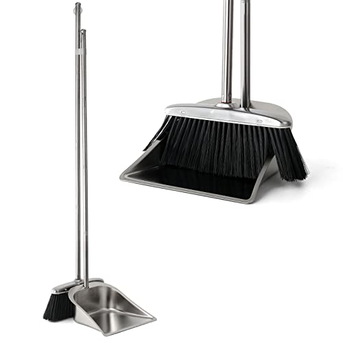 VOOWO Heavy Duty Broom and Dust pan Set, Stainless Steel Broom and Dustpan Set with Long Handle, Broom with Dustpan Set for Home Standing Dust Pan Indoor Outdoor Brooms Dustpan
