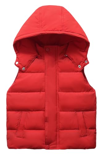 AIEOE Unisex Niño Niña Chaleco de Plumas sin Mangas con Capucha Desmontable con Bolsillo y Cremallera para 4-5 Años Rojo