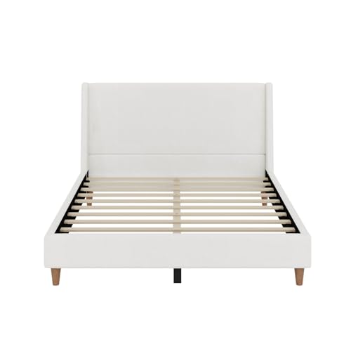 Image of Merax Boucle Queen Size Bed Frame with Wingback Headboard, Solid Wood Upholstered Platform with Walnut Wooden Legs, No Box Spring Needed, White