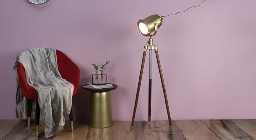 Image of PRISTINE INTERIORS Brown Fabric Shade Tripod Floor Lamp with Black Base Silver Metal Shade Tripod Floor Lamp with Beige Base (Amy Gold)