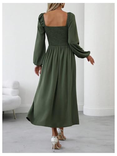 Floerns Women's Square Neck Lantern Long Sleeve Dress Split Ruched Party Midi Dresses2