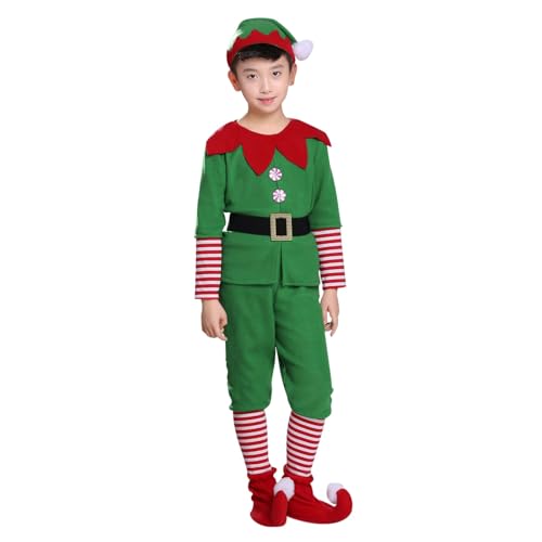 Raopuzi Conjunto de 5 Piezas Disfraces Navideño Niños Disfraz Completo de Verde, Ropa Cosplay Noel para Fiesta Tops Pantalones Cinturón Sombrero Zapato Rendimiento Disfraz Navidad Carnaval
