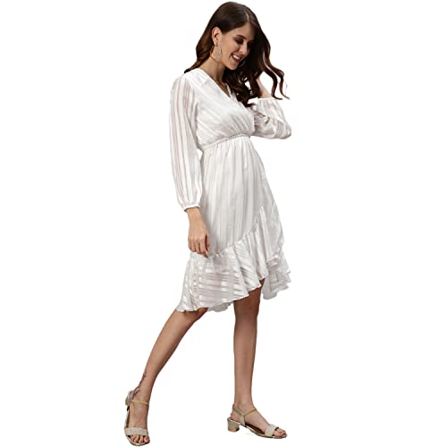 Image of ishin Women's Above Knee Length Silk Striped White Wrap Dress