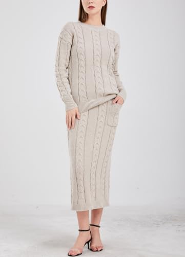 chouyatou Women Winter Casual Chunky Cable Knit Long Pencil Skirt 2 Piece Outfit Oversized Pullover Sweater Sets2