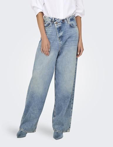 Women's ONLECHO MW Wide UNEAVEN CL DNM CRO Jeans, Medium Blue Denim, 33W x 32L, Medium blue (medium blue denim), 33W / 32L3