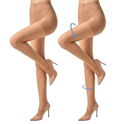 MANZI 2 Pairs Compression Tights 30D Sheer Shapewear Pantyhose Firm Support Tights for Women Natural XL