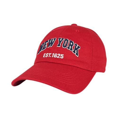 E BY ELIDAN New York Dad Hat Embroidered NEW YORK EST.1625 Cotton Cap Adjustable Metal Buckle Strap Unstructured Low-Profile NY Baseball Cap for Men & Women Red