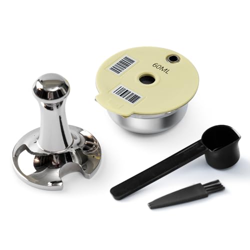 Cápsula de café recargable de acero inoxidable BENFUCHEN compatible con cafetera Tassimo, cápsula reutilizable compatible con cafetera Bosch, con prensador de café, color blanquecino, 60 ml