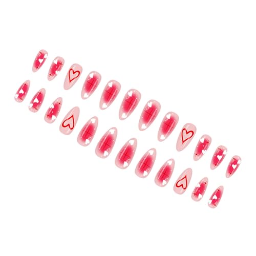 24PCS ABS Brillante Presiona En Las Uñas Longitud Media Forma De Gotas Agua Valentín Se Ruboriza Corazones Con Detalles Dorados Estrellados Uñas Regalo Valentín