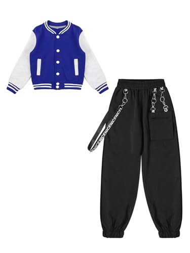 Kids Girls Boys Baseball Varsity Jacket Long Sleeve Button Down Bomber Coat Outwear with Jogger Cargo Pants Set3