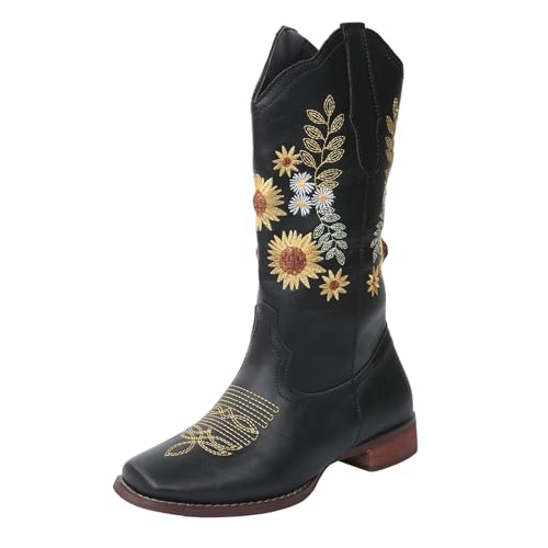 HINDOLA Cowboy Boots for Women Mid Calf Cowgirl Western Boots Sunflower Embroidery Stitched Square Toe Low Heel Ankle Boots