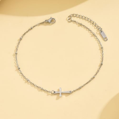 Image of NONAMOIS Ankle Bracelets for Women Dainty 18K Gold Plated Anklet Waterproof Round Beaded Paperclip Herringbone Pearl Chain Anklets Waterproof Beach Foot Jewelry