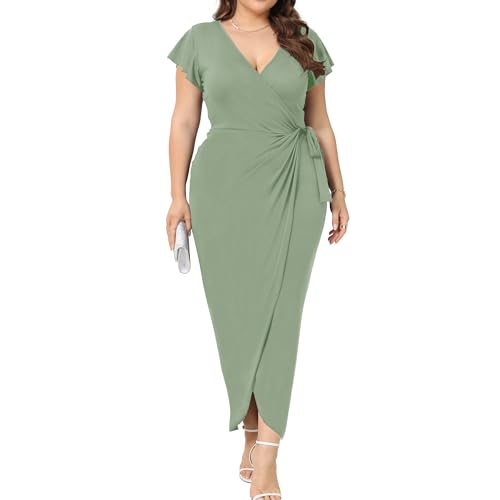 2025 Damen-Wickelkleid mit tiefem Kreuz-V-Ausschnitt, Rüschenärmel, Tulpen-Saum, Übergröße, Arbeit, Cocktailparty, elegant, gerüscht, lang,...